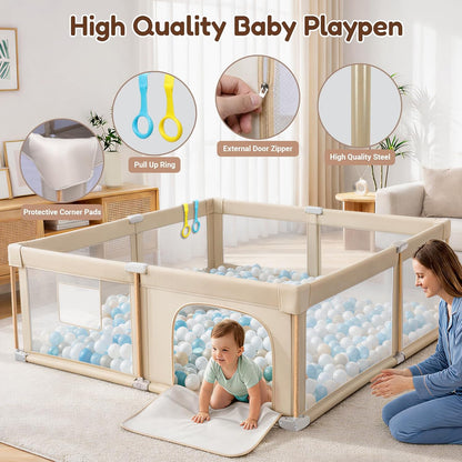 PRVAETU Foldable Baby Playpen with Mat, Play Yard Fence for Babies Boys Girls Toddlers, Large Playard W/ 300D Fabric for Infant and Kids