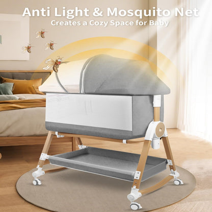 PRVAETU 4 in 1 Baby Bassinet Bedside Sleeper W/ Wheels,Storage Basket,Adjustable 7 Heights,Mosquito Net,Breathable Mesh Cradle for Infants Toddler