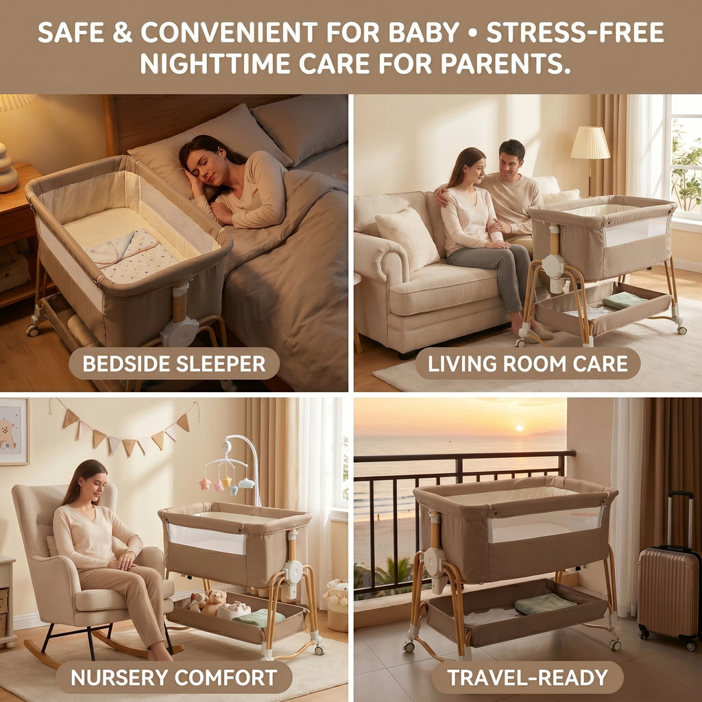 Baby Bassinet, Bedside Bassinet for Baby, Bassinet Bedside Sleeper with Mattress, Storage Basket and 4 Auto-Lock Wheels, Full-Mesh Sides, Bedside Mini Crib for Newborn (Beige)