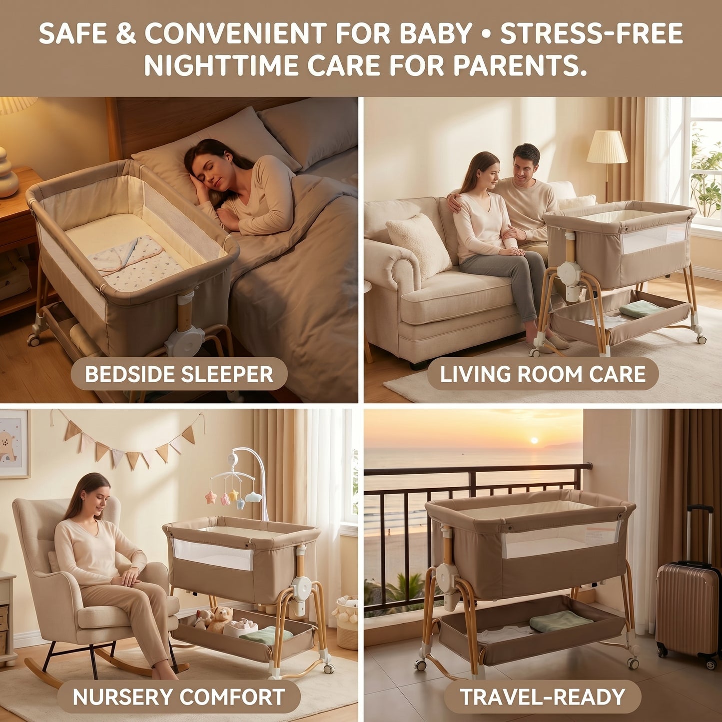 Baby Bassinet, Bedside Bassinet for Baby, Bassinet Bedside Sleeper with Mattress, Storage Basket and 4 Auto-Lock Wheels, Full-Mesh Sides, Bedside Mini Crib for Newborn (Beige)