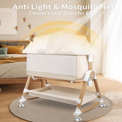 PRVAETU 4 in 1 Baby Bassinet Bedside Sleeper W/ Wheels,Storage Basket,Adjustable 7 Heights,Mosquito Net,Breathable Mesh Cradle for Infants Toddler