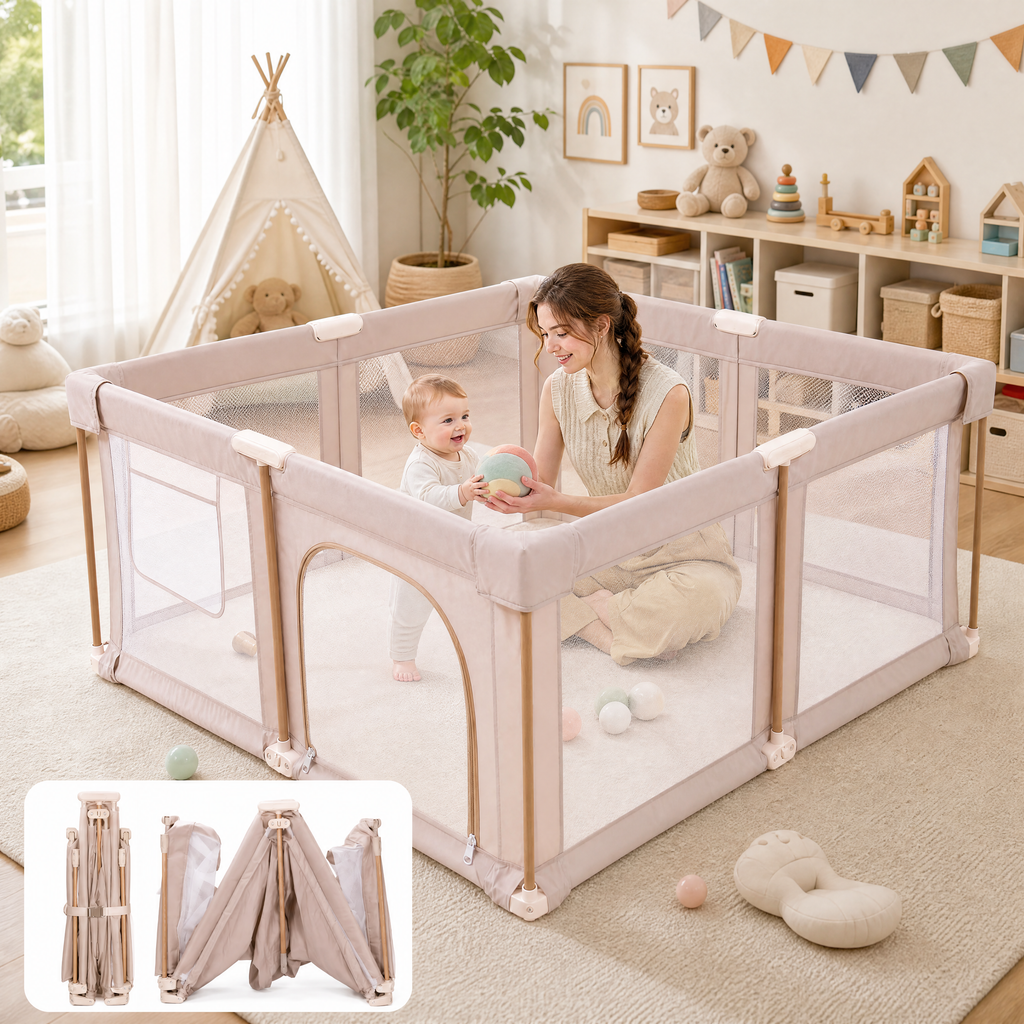 PRVAETU Foldable Baby Playpen with 50 Ocean Balls,Collapsible Play Pen for Babies and Toddlers,Khaki