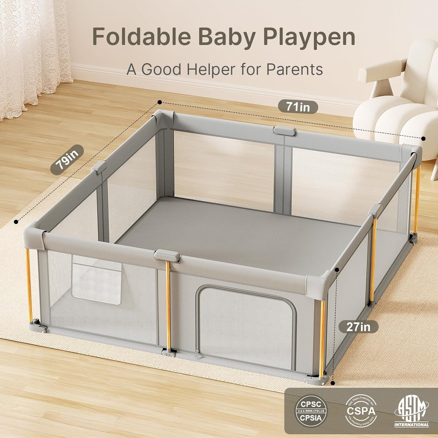 PRVAETU Foldable Baby Playpen with Mat, Play Yard Fence for Babies Boys Girls Toddlers, Large Playard W/ 300D Fabric for Infant and Kids
