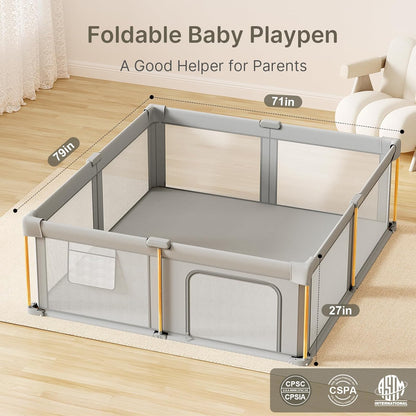 PRVAETU Foldable Baby Playpen with Mat, Play Yard Fence for Babies Boys Girls Toddlers, Large Playard W/ 300D Fabric for Infant and Kids