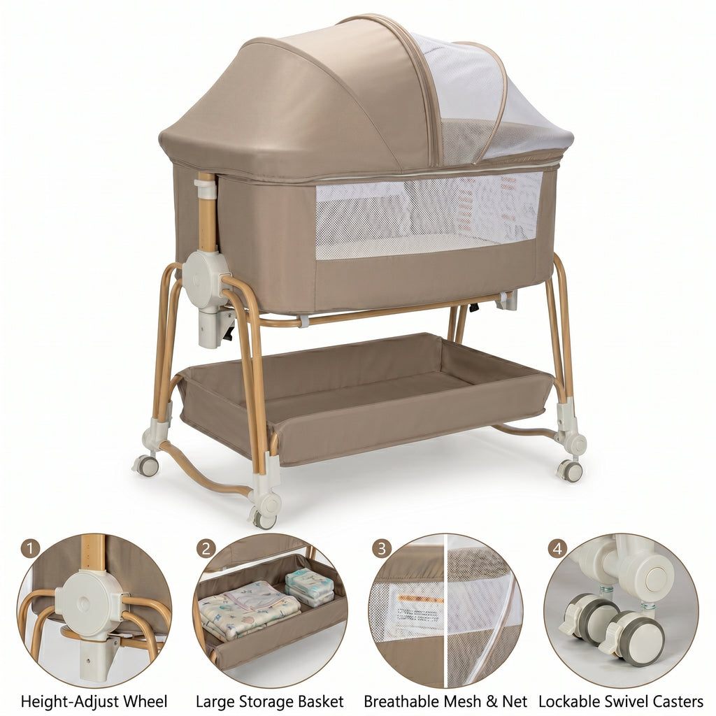 Baby Bassinet, Bedside Bassinet for Baby, Bassinet Bedside Sleeper with Mattress, Storage Basket and 4 Auto-Lock Wheels, Full-Mesh Sides, Bedside Mini Crib for Newborn (Beige)