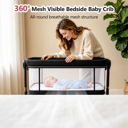 PRVATEU 4-in-1 Baby Bassinet Bedside Sleeper with Rocking Mode,8 Adjustable Heights,Wheels and Storage Basket,Beige
