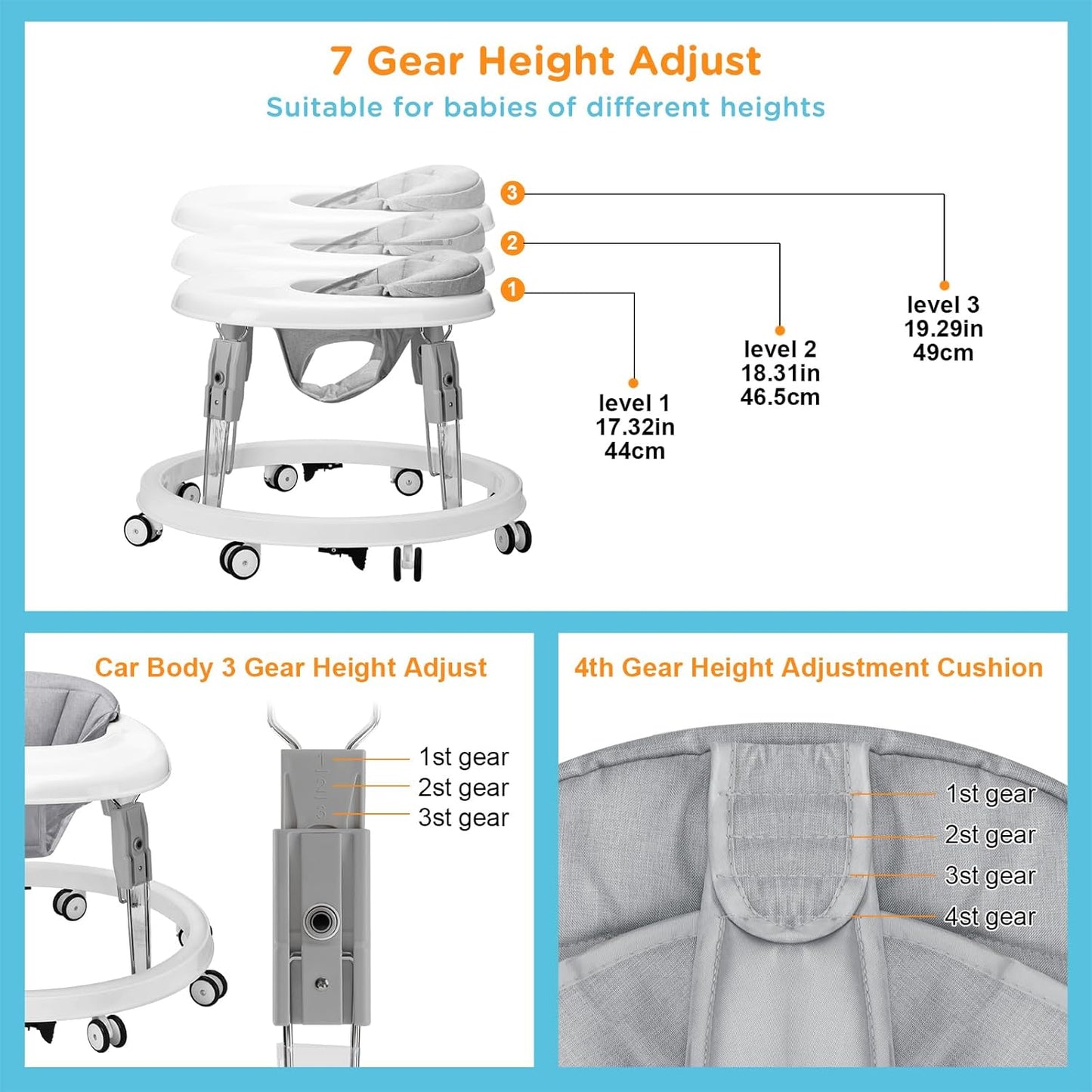 PRVAETU Foldable Baby Walker Activity Center W/ Wheels,Height Adjustable W/ Dinner Plate & Foot Pad for 6-18 Months Babies Infant Boys Girls