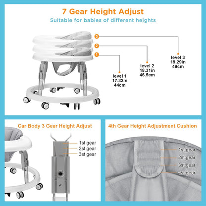 PRVAETU Foldable Baby Walker Activity Center W/ Wheels,Height Adjustable W/ Dinner Plate & Foot Pad for 6-18 Months Babies Infant Boys Girls