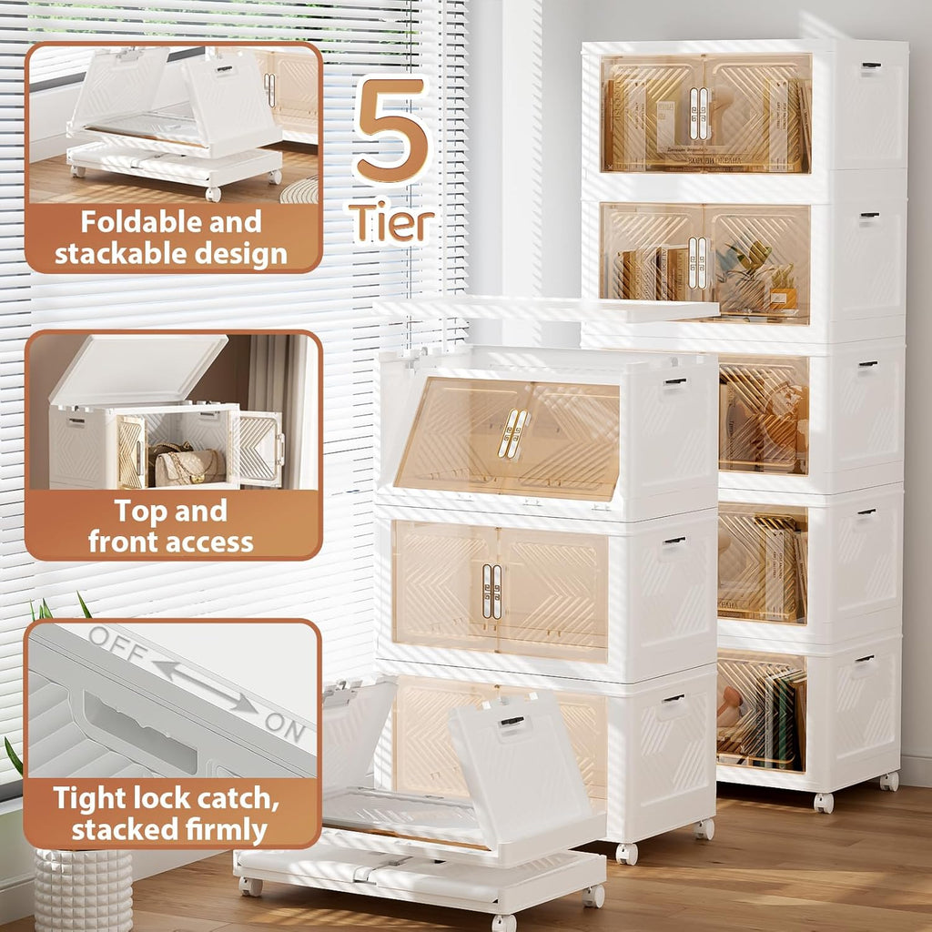 Storage Bins Storage Containers with Wheels and Magnetic Doors, Plastic Clothes Closet Organizers and Storage Box for Home and Office