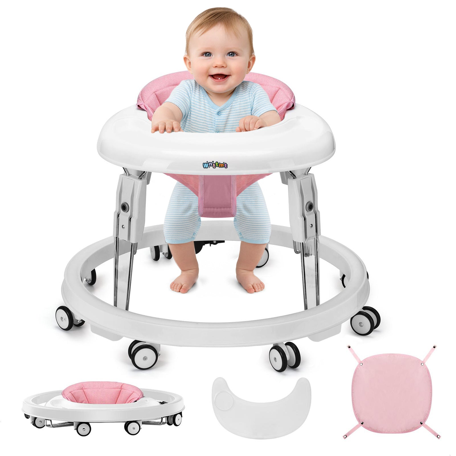 PRVAETU Foldable Baby Walker Activity Center W/ Wheels,Height Adjustable W/ Dinner Plate & Foot Pad for 6-18 Months Babies Infant Boys Girls