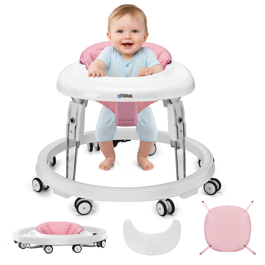 PRVAETU Foldable Baby Walker Activity Center W/ Wheels,Height Adjustable W/ Dinner Plate & Foot Pad for 6-18 Months Babies Infant Boys Girls