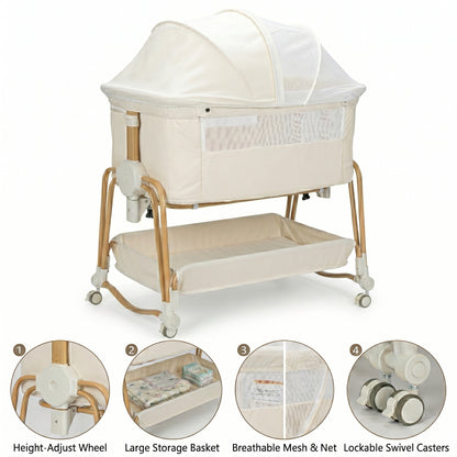 PRVAETU 4-in-1 Baby Bassinet & Bedside Sleeper for Babies, 7-Level Height Adjustable, Wheels with Storage Basket, Breathable Mesh,White