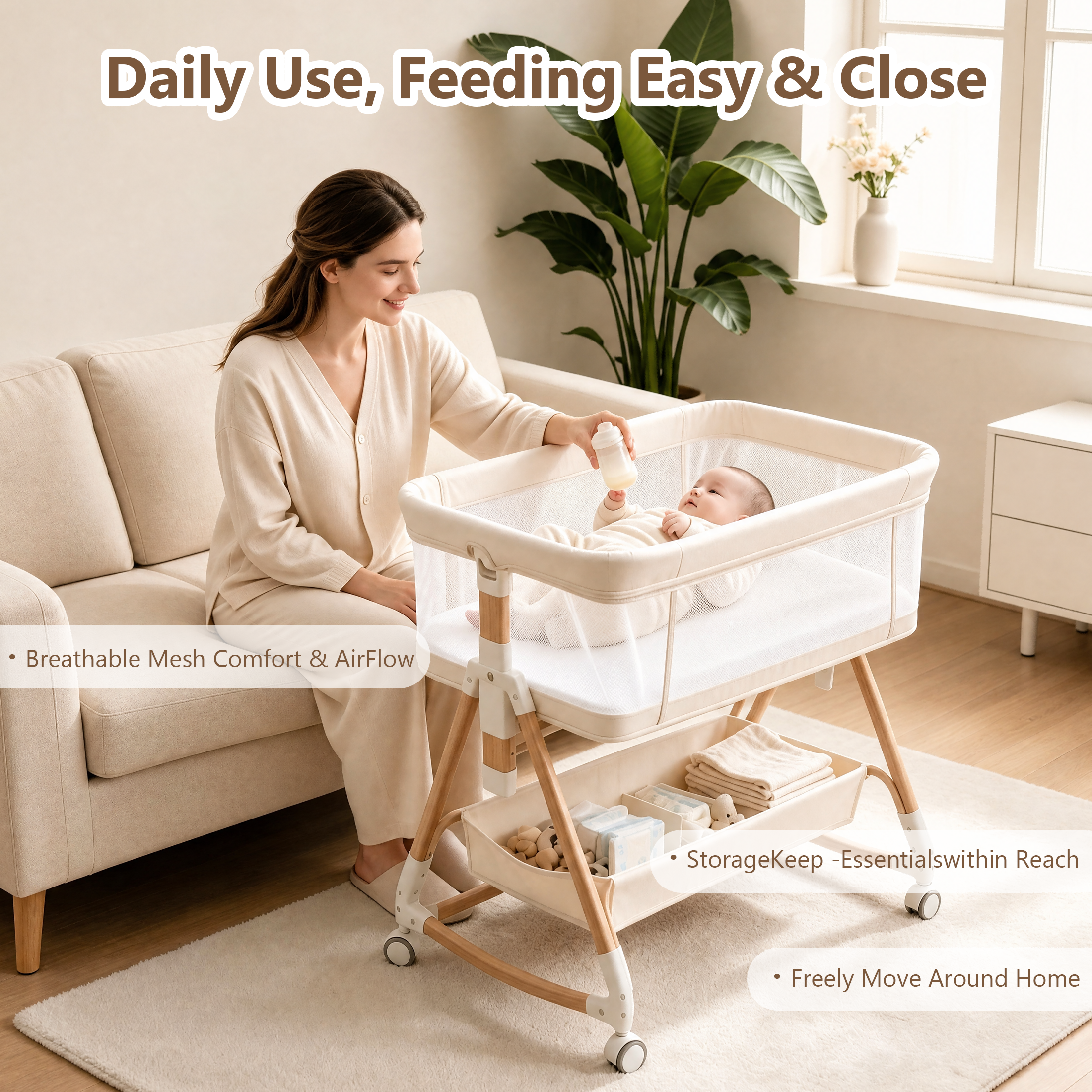 PRVAETU Baby Bassinet, 3-in-1 Baby Bassinet Bedside Sleeper with Wheels, Adjustable Easy Folding Portable Rocking Crib for Infant Newborn (Khaki)