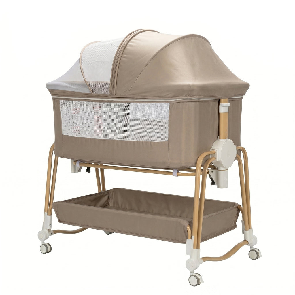 Baby Bassinet, Bedside Bassinet for Baby, Bassinet Bedside Sleeper with Mattress, Storage Basket and 4 Auto-Lock Wheels, Full-Mesh Sides, Bedside Mini Crib for Newborn (Beige)