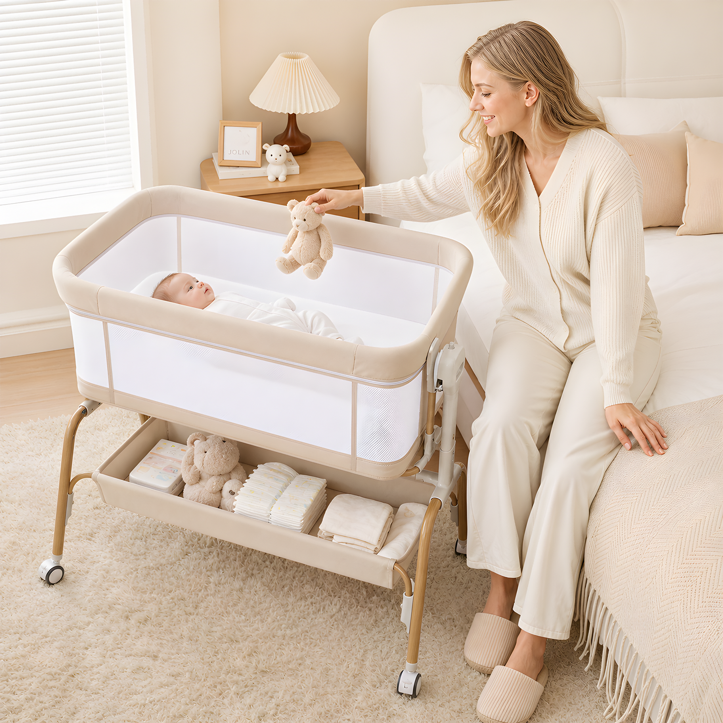 PRVATEU 4-in-1 Baby Bassinet Bedside Sleeper with Rocking Mode,8 Adjustable Heights,Wheels and Storage Basket,Beige