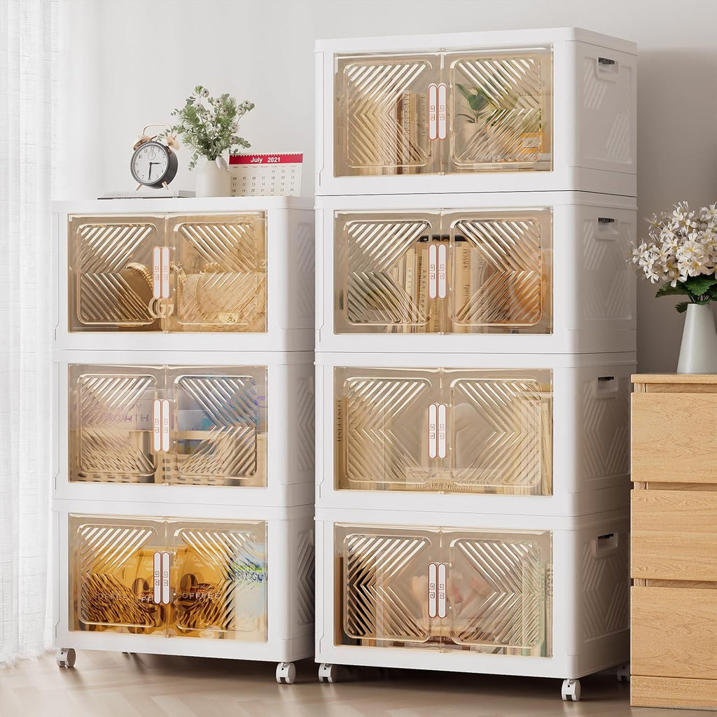 Storage Bins Storage Containers with Wheels and Magnetic Doors, Plastic Clothes Closet Organizers and Storage Box for Home and Office