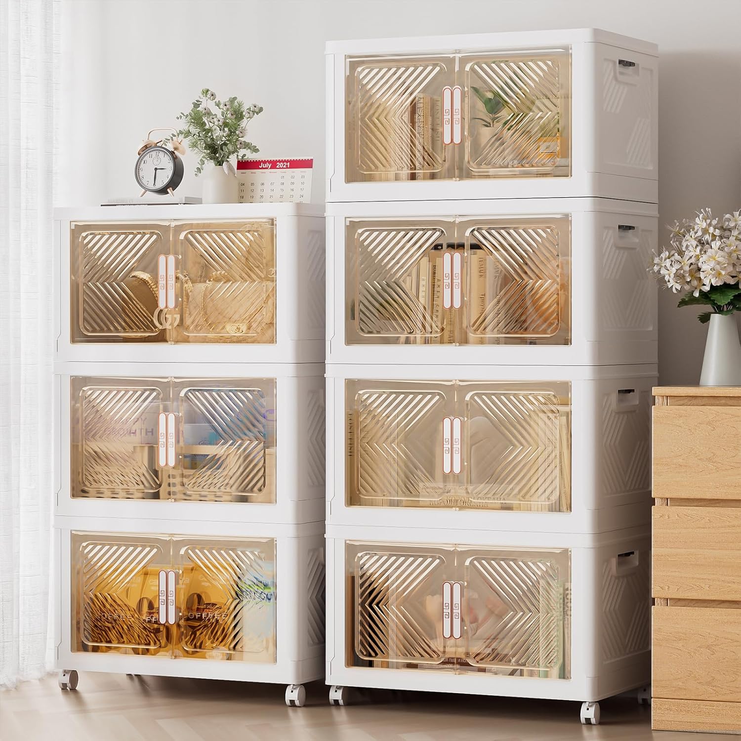 Storage Bins Storage Containers with Wheels and Magnetic Doors, Plastic Clothes Closet Organizers and Storage Box for Home and Office