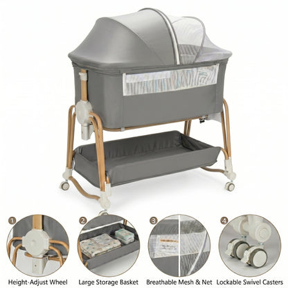 PRVAETU 4-in-1 Baby Bassinet & Bedside Sleeper for Babies, 7-Level Height Adjustable, Wheels with Storage Basket, Breathable Mesh,White