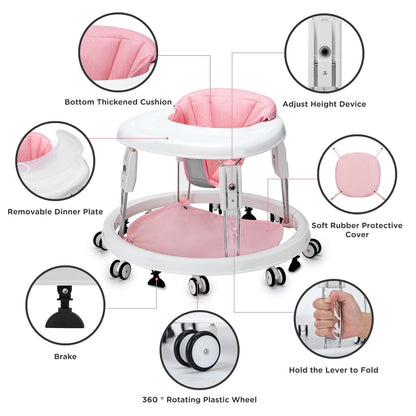 PRVAETU Foldable Baby Walker Activity Center W/ Wheels,Height Adjustable W/ Dinner Plate & Foot Pad for 6-18 Months Babies Infant Boys Girls