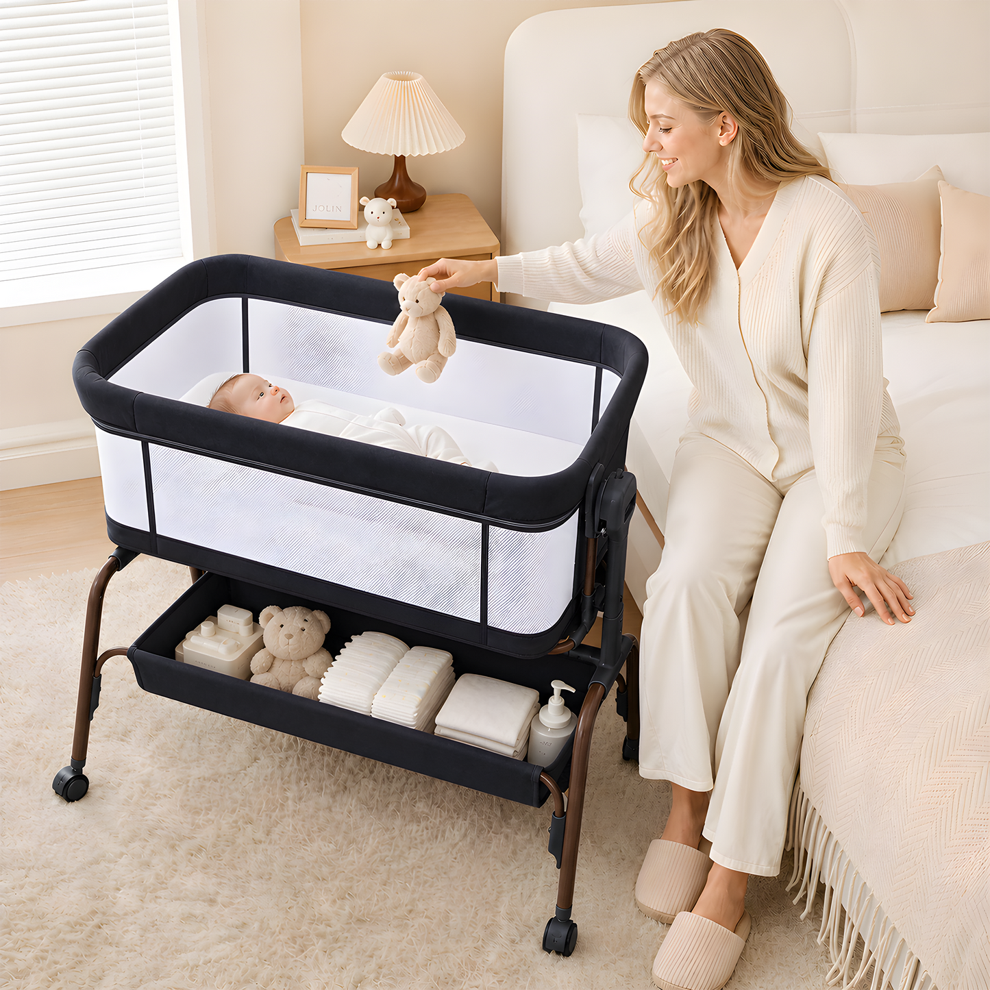 PRVATEU 4-in-1 Baby Bassinet Bedside Sleeper with Rocking Mode,8 Adjustable Heights,Wheels and Storage Basket,Beige
