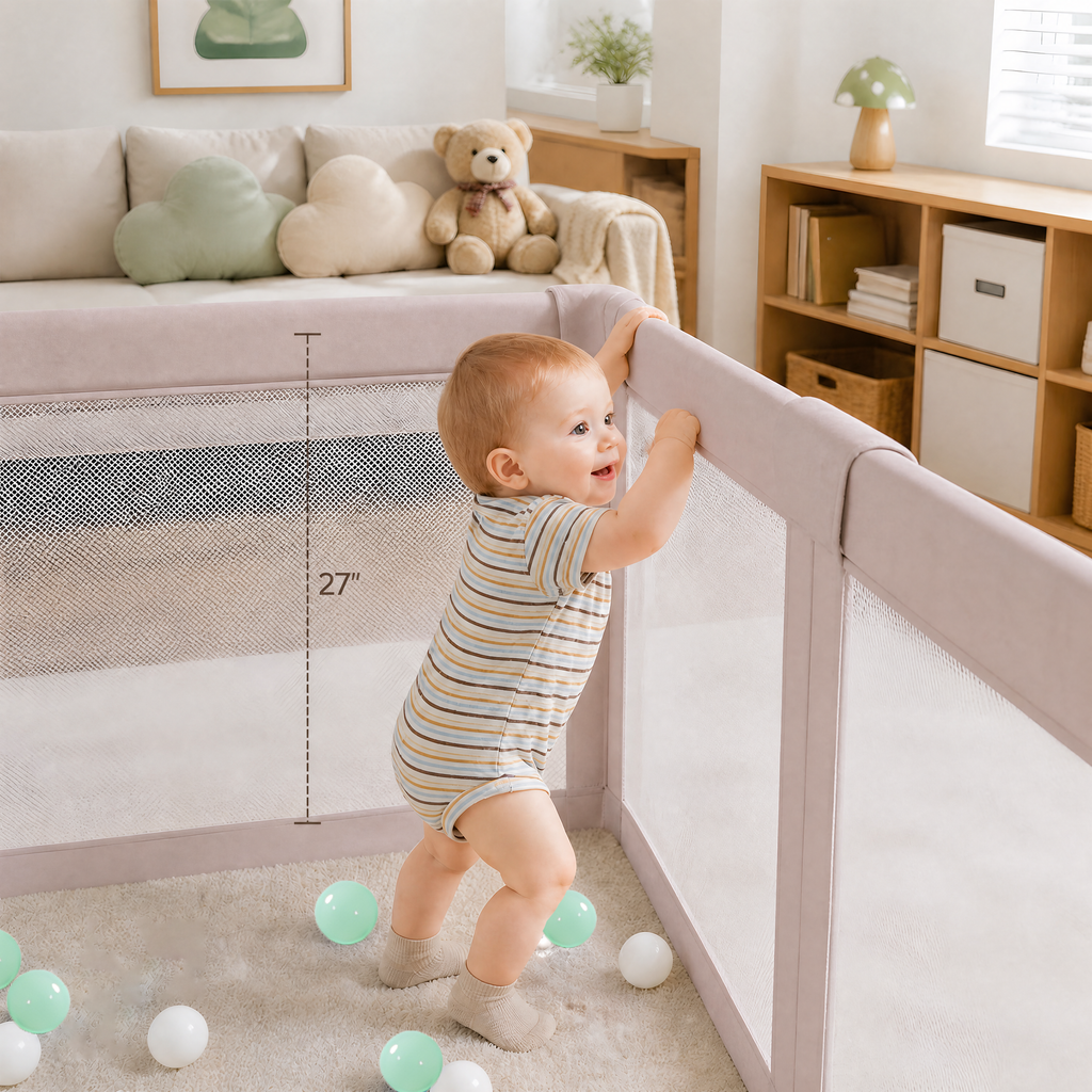 PRVAETU Foldable Baby Playpen with 50 Ocean Balls,Collapsible Play Pen for Babies and Toddlers,Khaki