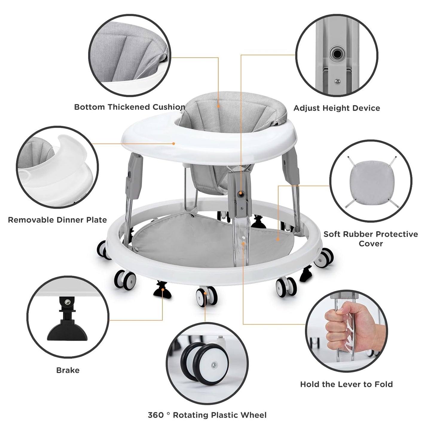 PRVAETU Foldable Baby Walker Activity Center W/ Wheels,Height Adjustable W/ Dinner Plate & Foot Pad for 6-18 Months Babies Infant Boys Girls