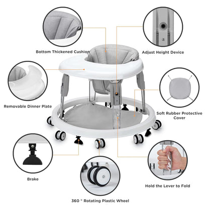 PRVAETU Foldable Baby Walker Activity Center W/ Wheels,Height Adjustable W/ Dinner Plate & Foot Pad for 6-18 Months Babies Infant Boys Girls