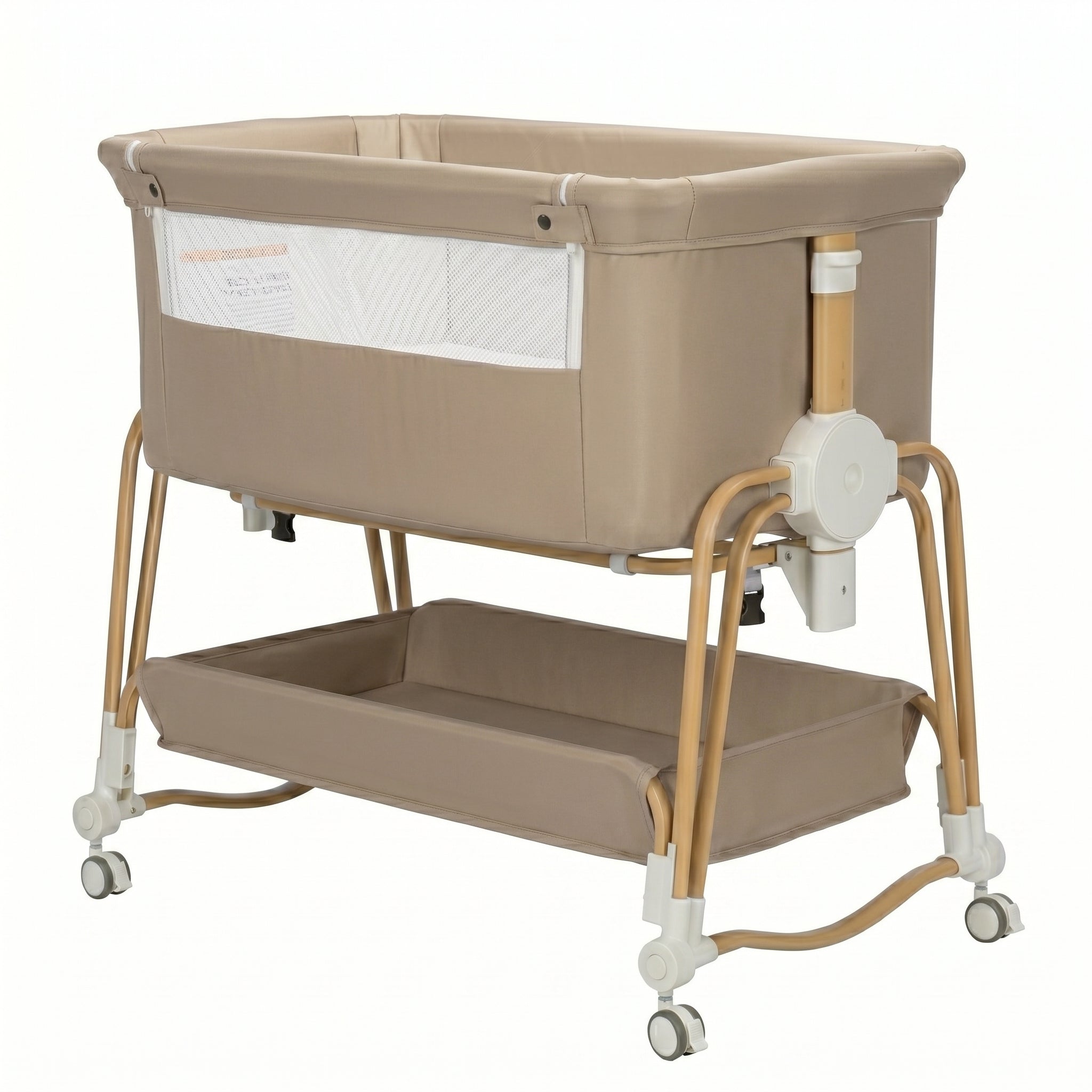 Baby Bassinet, Bedside Bassinet for Baby, Bassinet Bedside Sleeper with Mattress, Storage Basket and 4 Auto-Lock Wheels, Full-Mesh Sides, Bedside Mini Crib for Newborn (Beige)