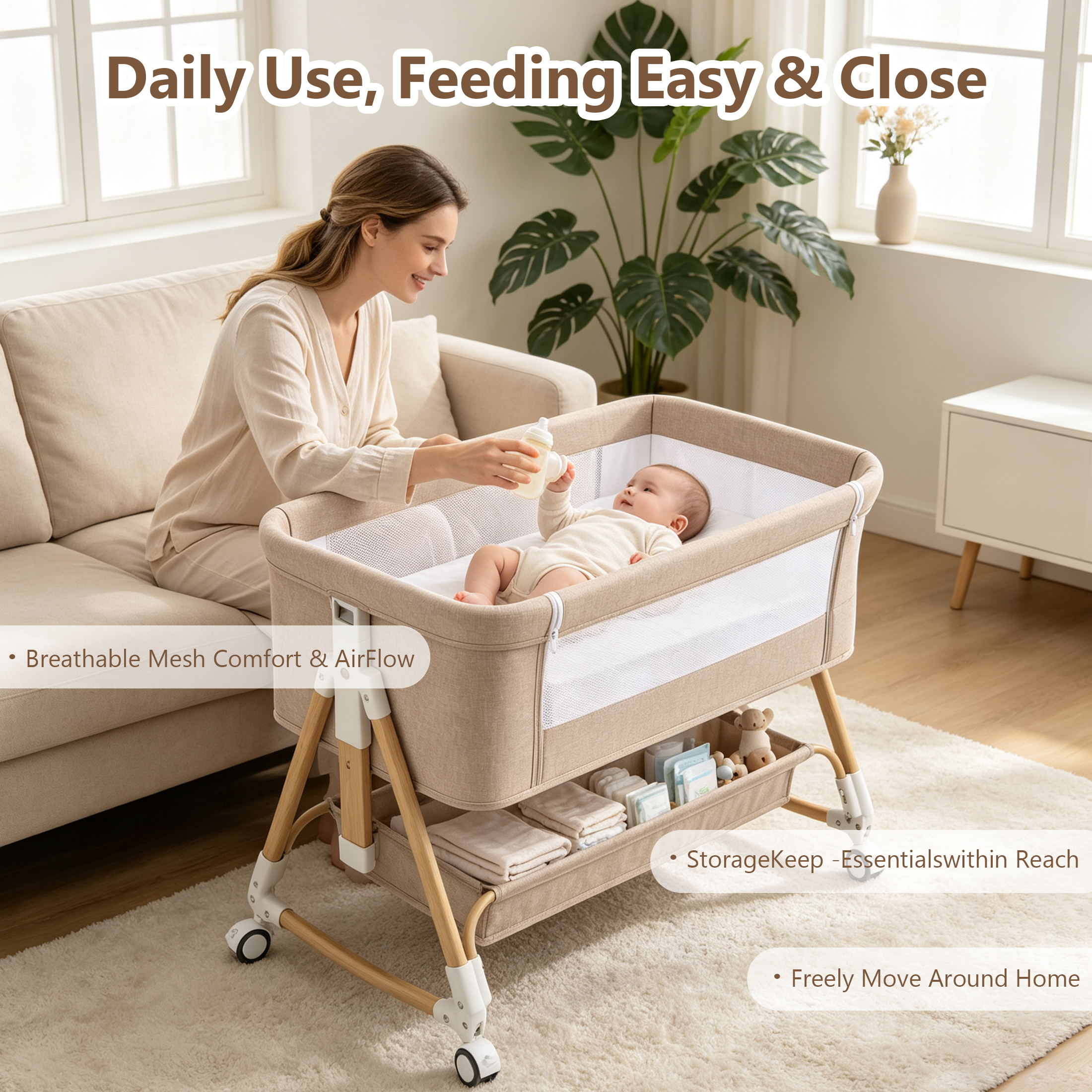 PRVAETU Baby Bassinet, 3-in-1 Baby Bassinet Bedside Sleeper with Wheels, Adjustable Easy Folding Portable Rocking Crib for Infant Newborn (Khaki)