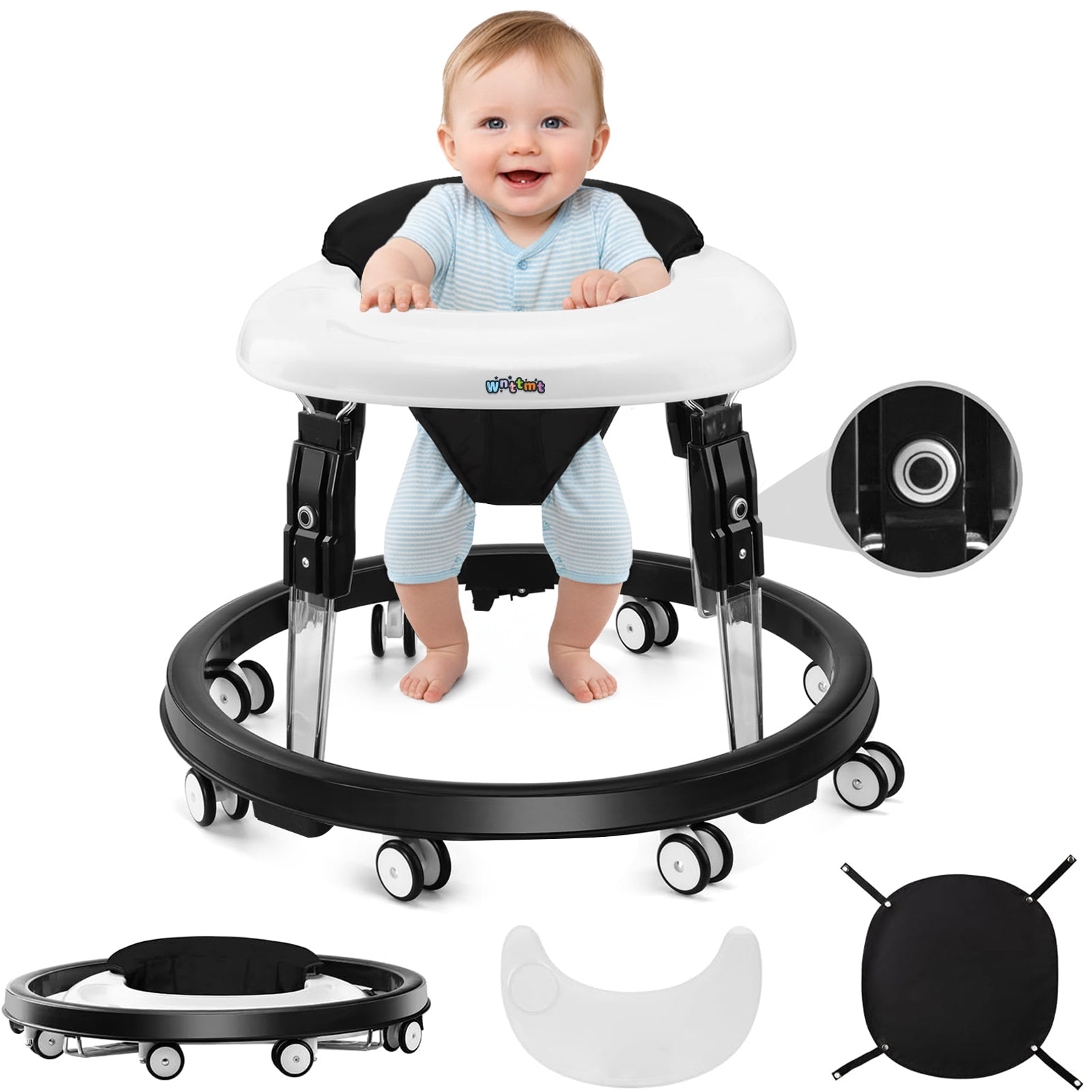 PRVAETU Foldable Baby Walker Activity Center W/ Wheels,Height Adjustable W/ Dinner Plate & Foot Pad for 6-18 Months Babies Infant Boys Girls