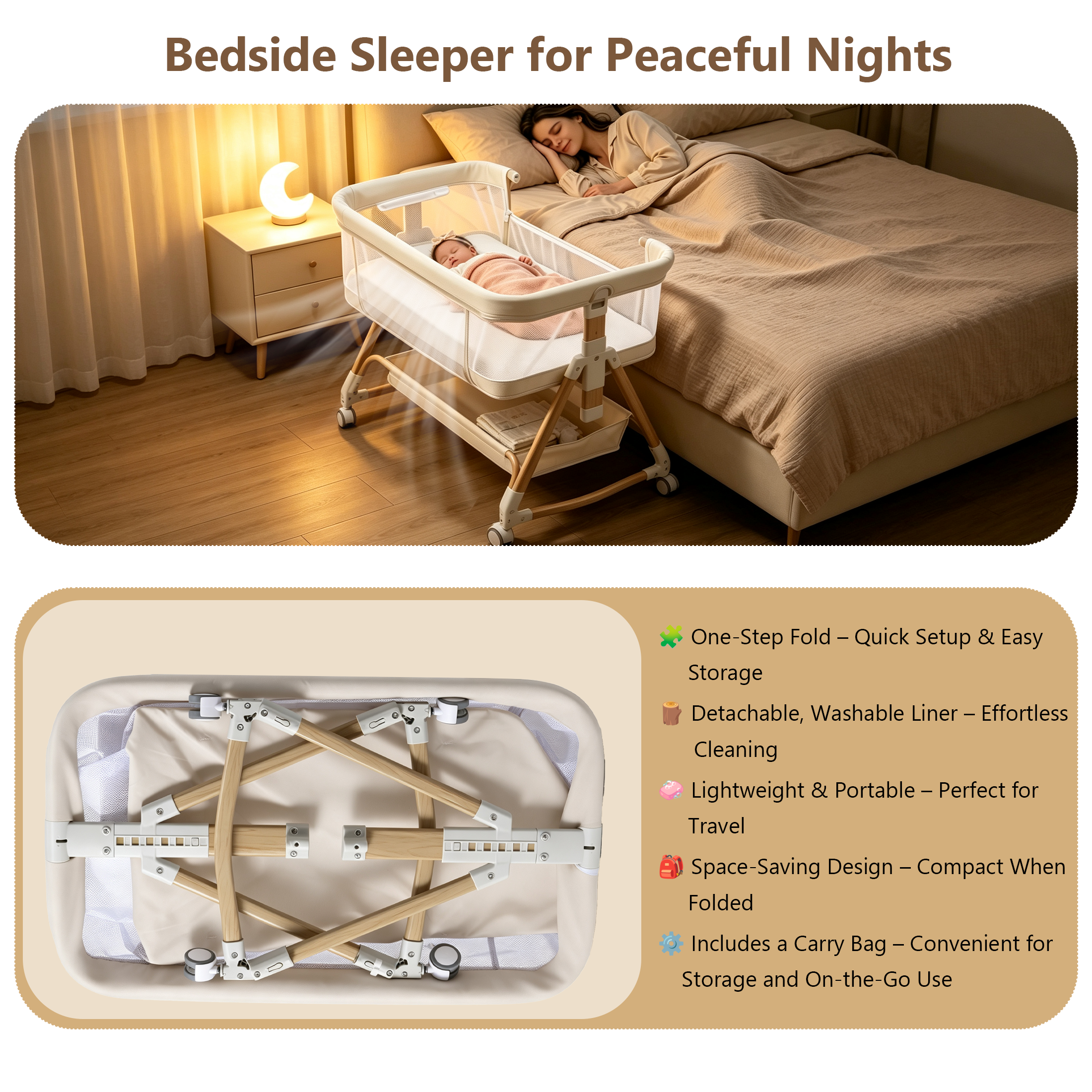 PRVAETU Baby Bassinet, 3-in-1 Baby Bassinet Bedside Sleeper with Wheels, Adjustable Easy Folding Portable Rocking Crib for Infant Newborn (Khaki)