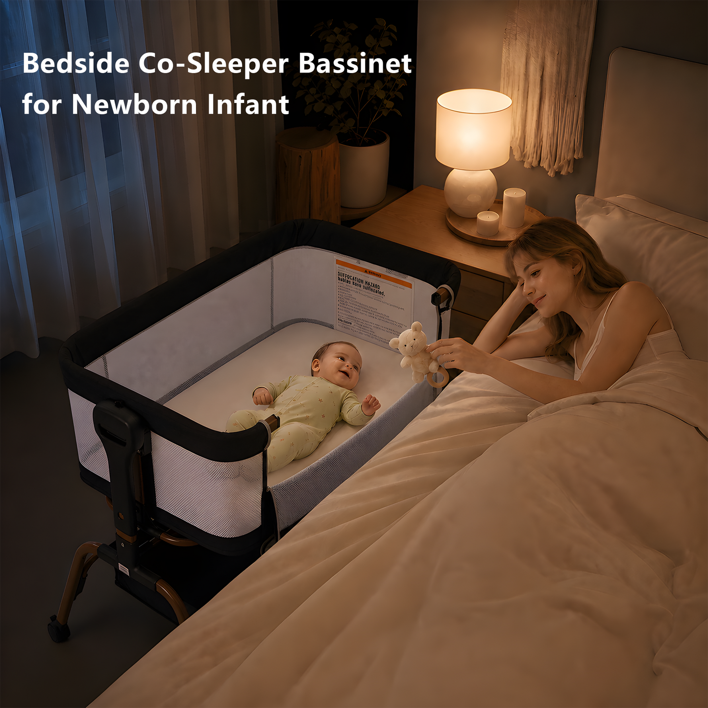 PRVATEU 4-in-1 Baby Bassinet Bedside Sleeper with Rocking Mode,8 Adjustable Heights,Wheels and Storage Basket,Beige