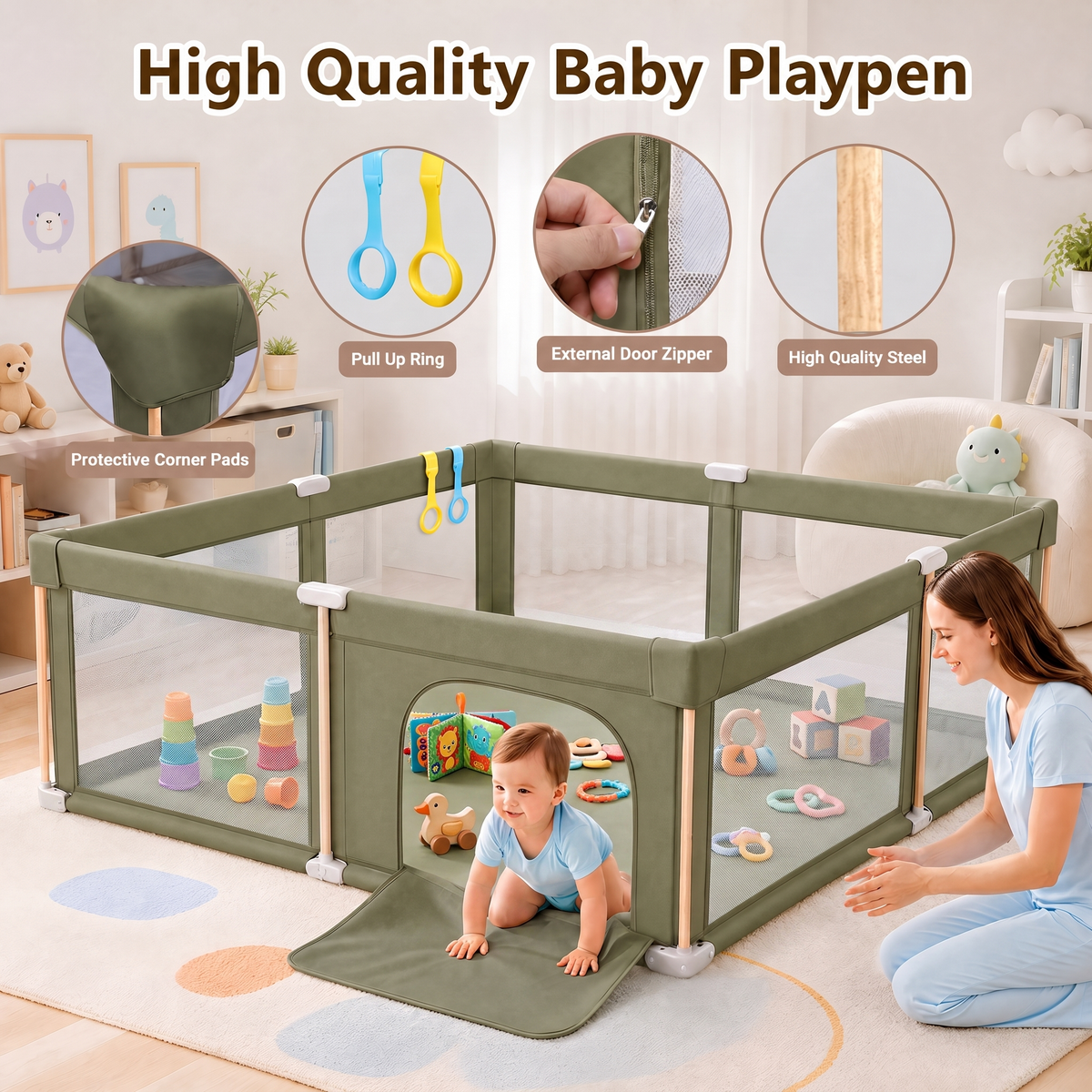 PRVAETU 59''×71'' Foldable Baby Playpen with 0.35'' Mat,Collapsible Play Pen for Babies and Toddlers,Green