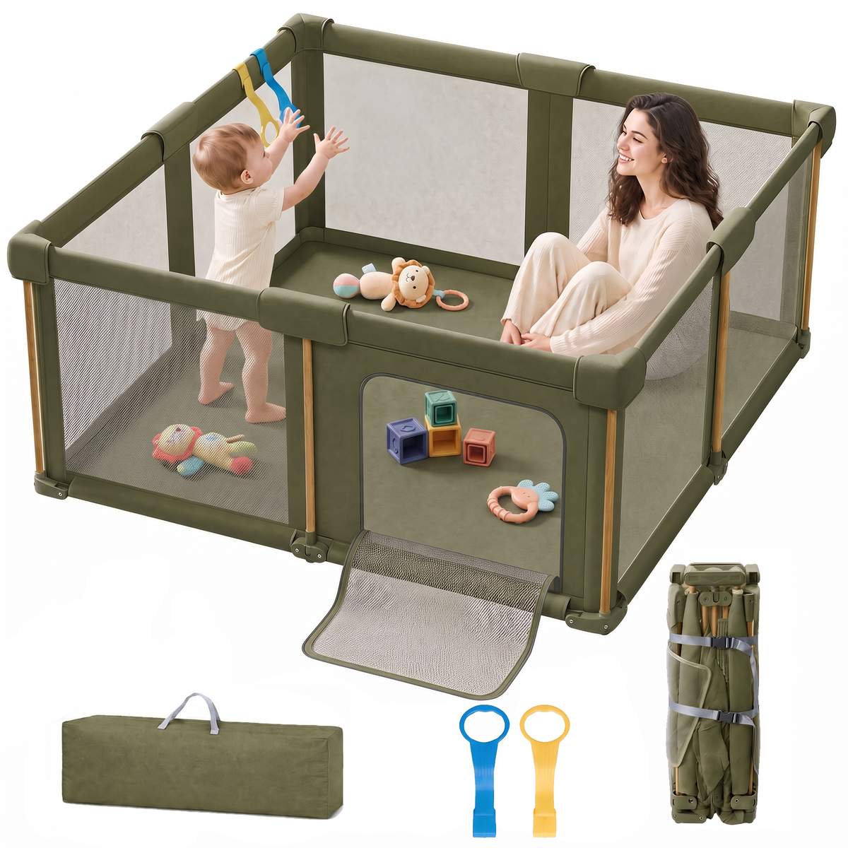 PRVAETU 59''×71'' Foldable Baby Playpen with 0.35'' Mat,Collapsible Play Pen for Babies and Toddlers,Green