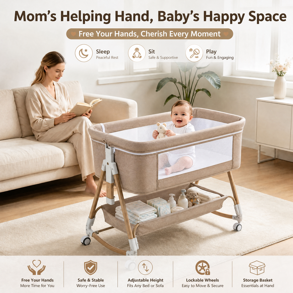 PRVAETU Baby Bassinet, 3-in-1 Baby Bassinet Bedside Sleeper with Wheels, Adjustable Easy Folding Portable Rocking Crib for Infant Newborn (Khaki)