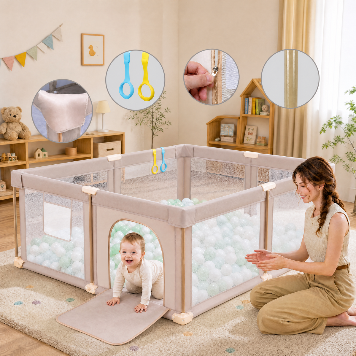 PRVAETU Foldable Baby Playpen with 50 Ocean Balls,Collapsible Play Pen for Babies and Toddlers,Khaki