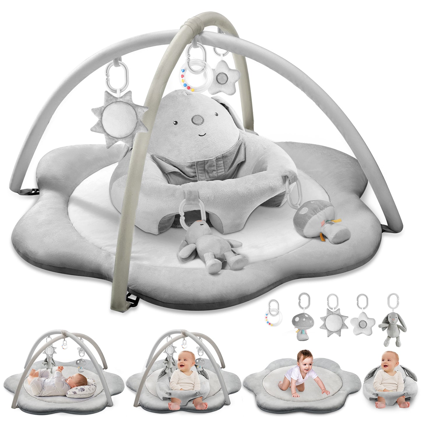 PRVAETU Baby Gym Play Mat, Sitting-up Babies Seats for Infants,with 5 Detachable Toys, Infant Toddler Activity Tummy Time Playmats for Newborn 0-12 Months