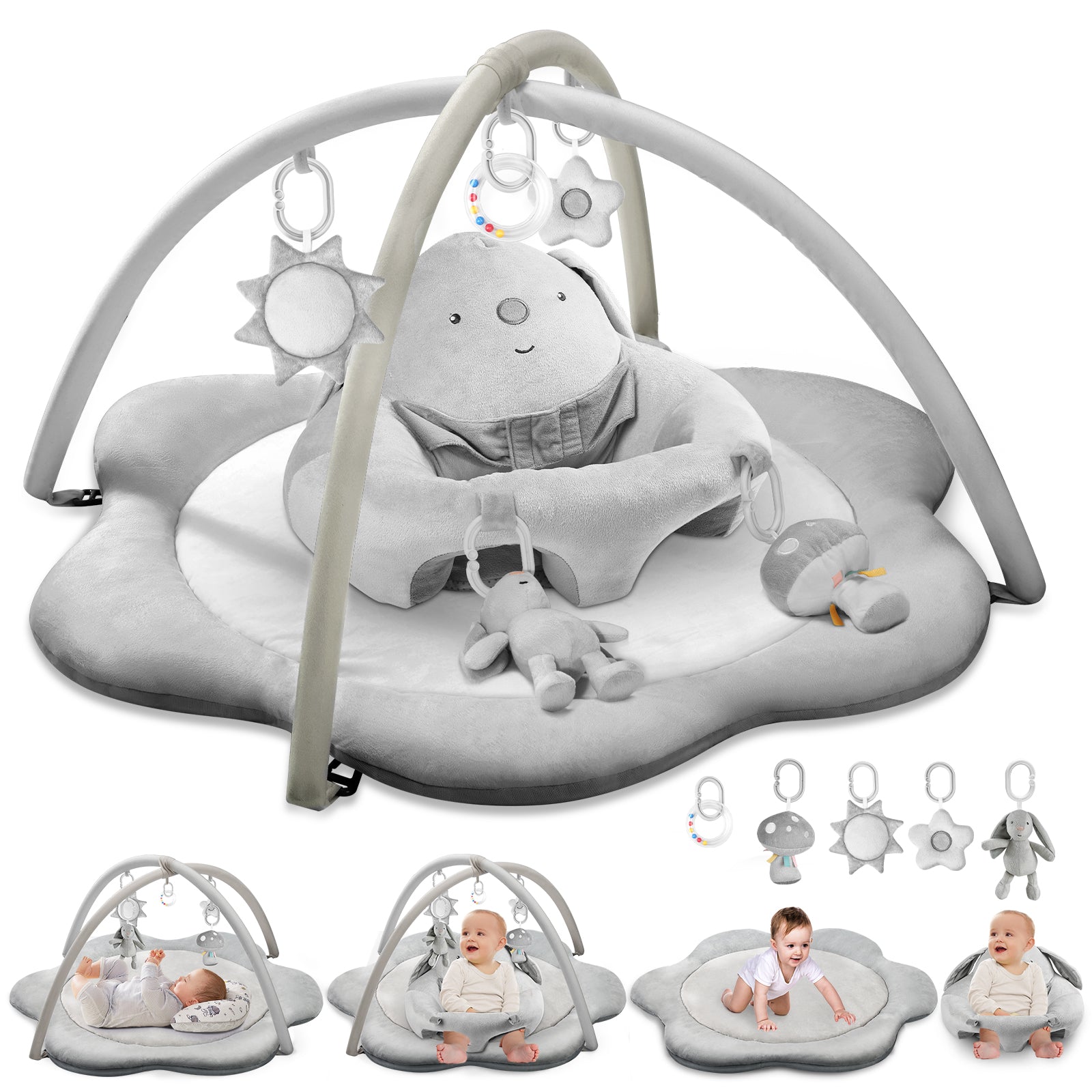 PRVAETU Baby Gym Play Mat, Sitting-up Babies Seats for Infants,with 5 Detachable Toys, Infant Toddler Activity Tummy Time Playmats for Newborn 0-12 Months