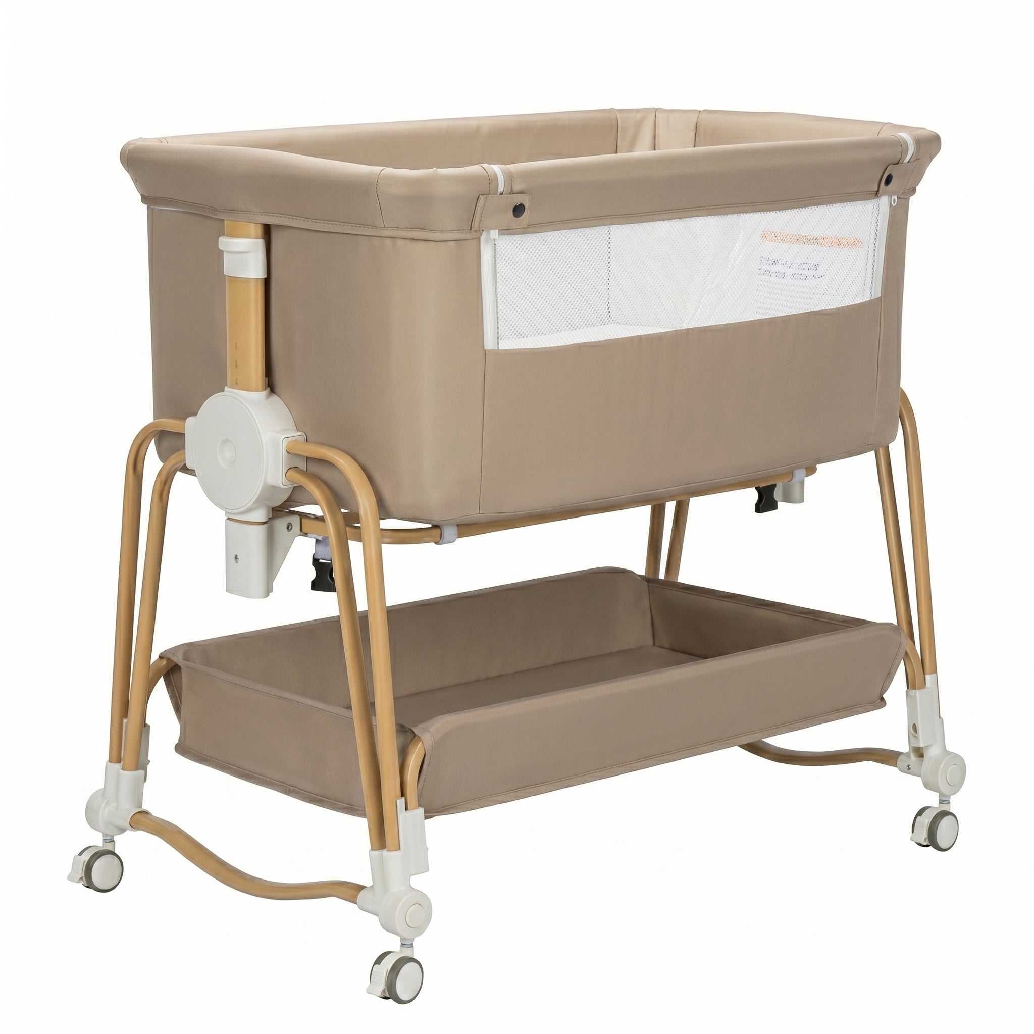 Baby Bassinet, Bedside Bassinet for Baby, Bassinet Bedside Sleeper with Mattress, Storage Basket and 4 Auto-Lock Wheels, Full-Mesh Sides, Bedside Mini Crib for Newborn (Beige)