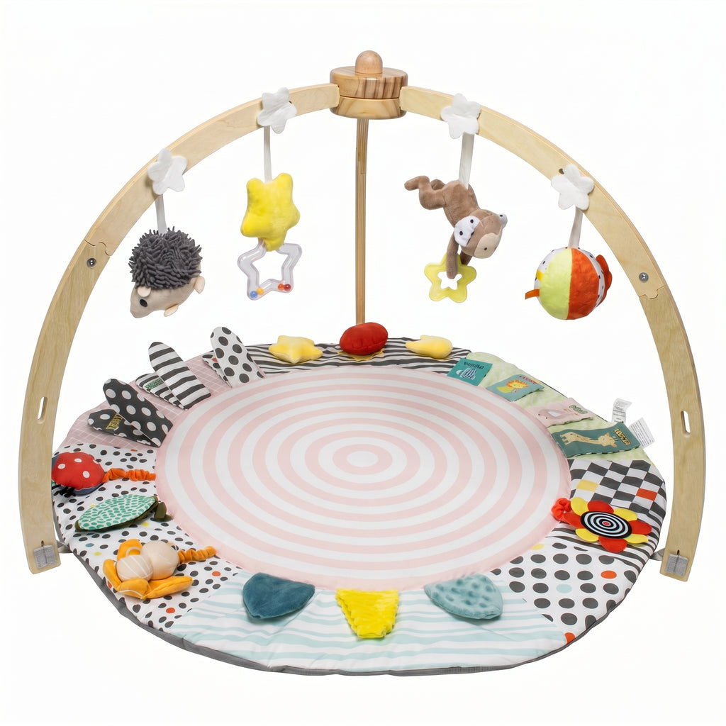 SY-Baby Play Mat with Wooden Play Gym and Detachable Sensory Toys for Infants, Tummy Time Activity Mat, Newborn Baby Gift