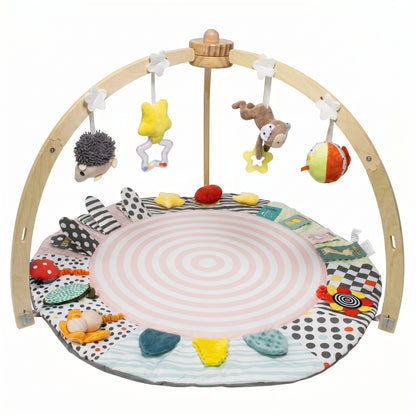 SY-Baby Play Mat with Wooden Play Gym and Detachable Sensory Toys for Infants, Tummy Time Activity Mat, Newborn Baby Gift