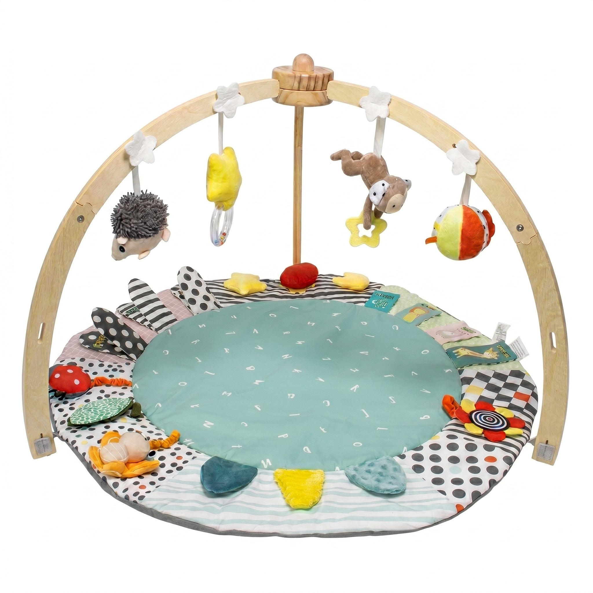 SY-Baby Play Mat with Wooden Play Gym and Detachable Sensory Toys for Infants, Tummy Time Activity Mat, Newborn Baby Gift
