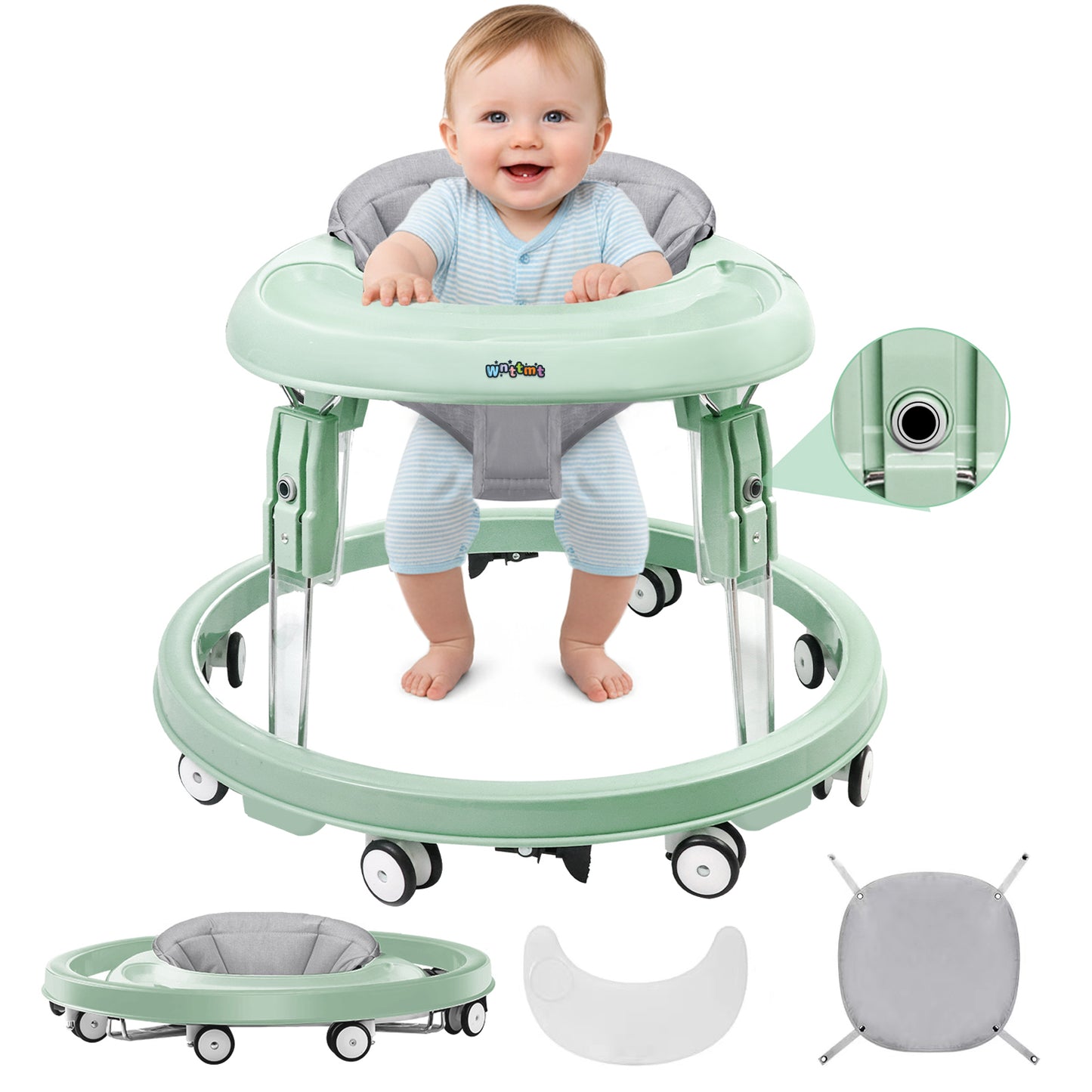 PRVAETU Foldable Baby Walker Activity Center W/ Wheels,Height Adjustable W/ Dinner Plate & Foot Pad for 6-18 Months Babies Infant Boys Girls