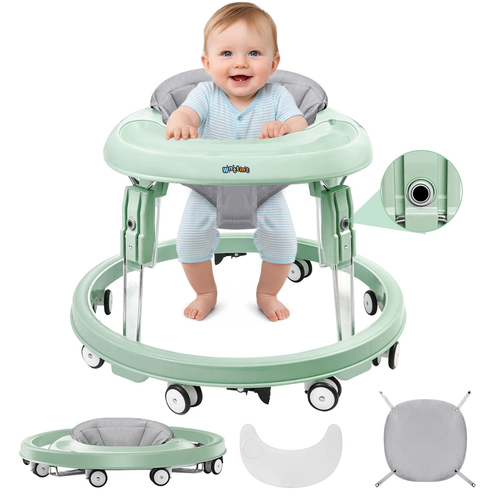 PRVAETU Foldable Baby Walker Activity Center W/ Wheels,Height Adjustable W/ Dinner Plate & Foot Pad for 6-18 Months Babies Infant Boys Girls