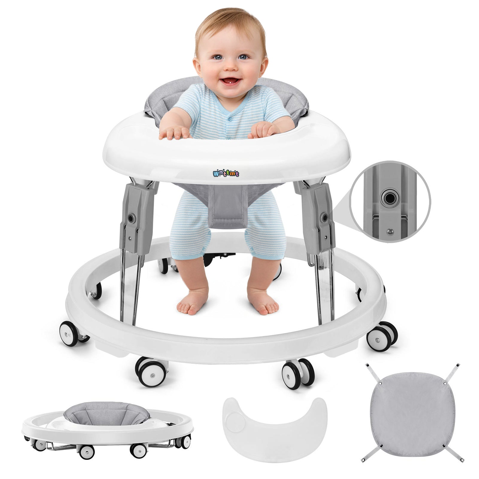 PRVAETU Foldable Baby Walker Activity Center W/ Wheels,Height Adjustable W/ Dinner Plate & Foot Pad for 6-18 Months Babies Infant Boys Girls