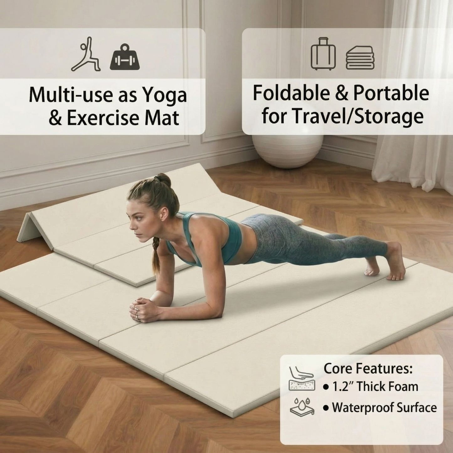 PRVAETU Four-fold Yoga Mat & Exercise Mat, Baby Playmat Thick Foam Crawling & Tummy Time , Portable Floor Mat for Home Family Use