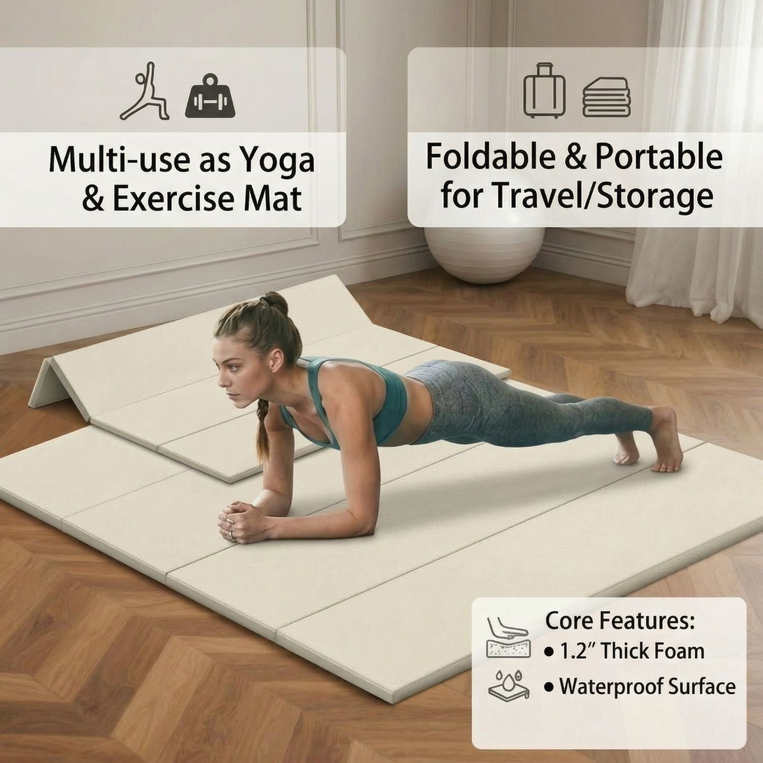PRVAETU Four-fold Yoga Mat & Exercise Mat, Baby Playmat Thick Foam Crawling & Tummy Time , Portable Floor Mat for Home Family Use