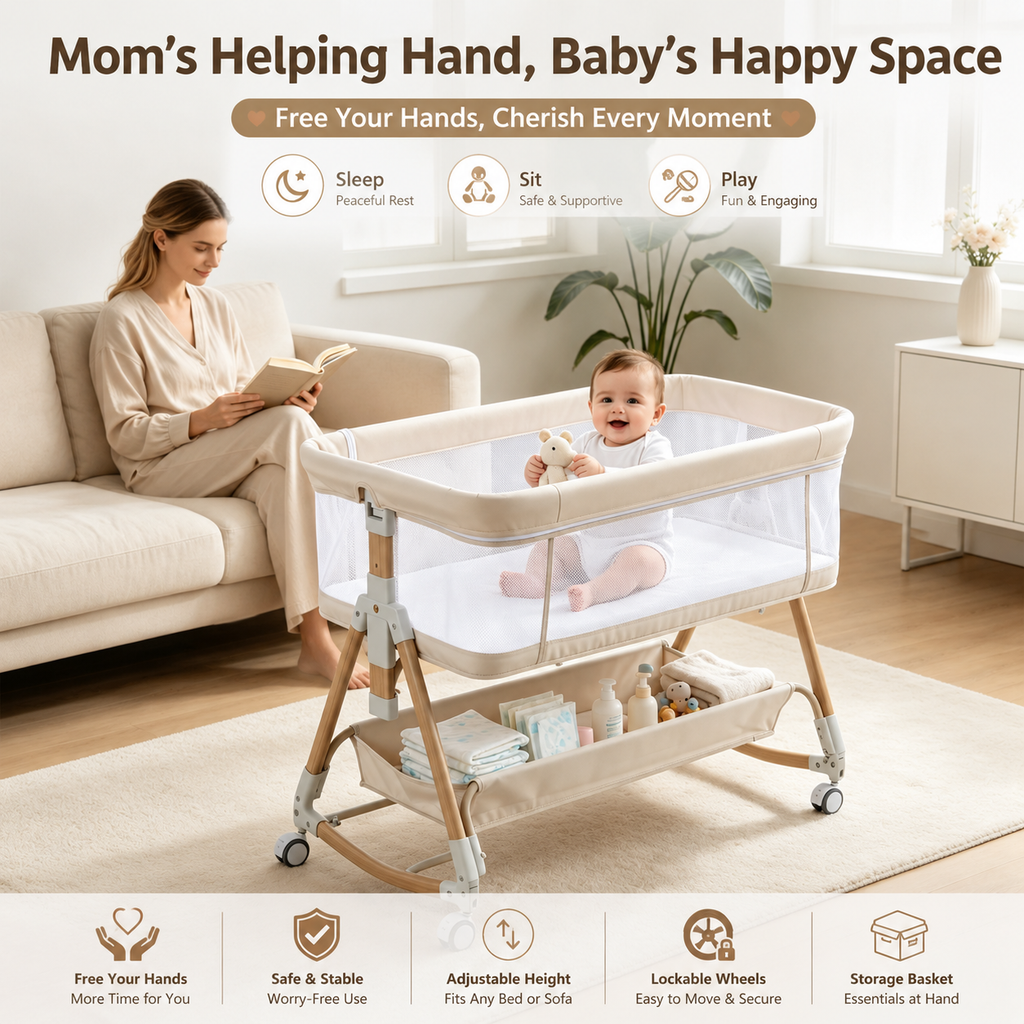 PRVAETU Baby Bassinet, 3-in-1 Baby Bassinet Bedside Sleeper with Wheels, Adjustable Easy Folding Portable Rocking Crib for Infant Newborn (Khaki)
