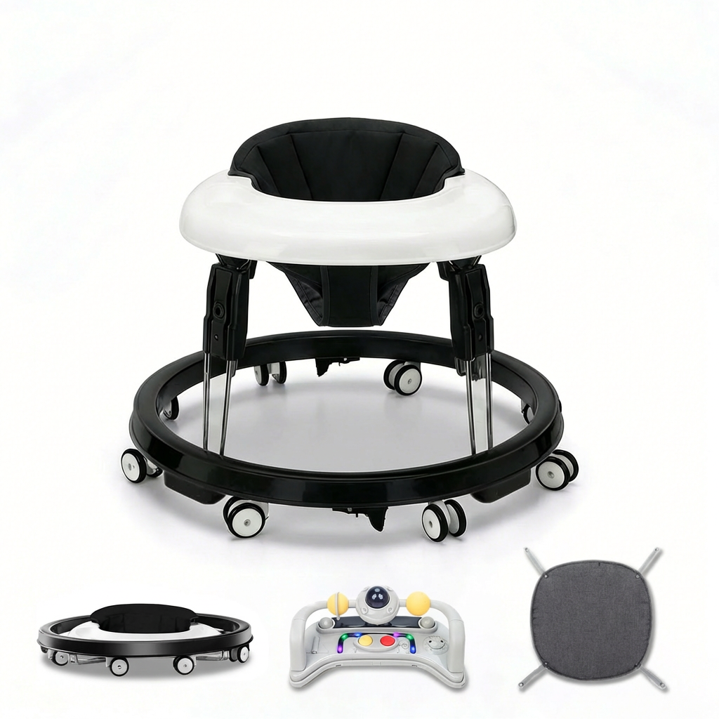 PRVAETU Foldable Baby Walker Activity Center W/ Wheels,Height Adjustable,Music Toy & Foot Pad for 6-18 Months Babies Infant Boys Girls
